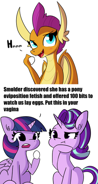 Size: 2250x4223 | Tagged: suggestive, artist:tjpones, derpibooru import, edit, smolder, starlight glimmer, twilight sparkle, twilight sparkle (alicorn), alicorn, pony, unicorn, comic, dialogue, egg, female, fetish, hoof on chin, image, implied oviposition, jpeg, mare, simple background, trixie's pills, wat, white background