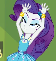 Size: 1006x1080 | Tagged: safe, derpibooru import, screencap, rarity, equestria girls, equestria girls series, holidays unwrapped, spoiler:eqg series (season 2), armpits, arms in the air, bracelet, canterlot high, cropped, eyeshadow, female, geode of shielding, hallway, image, jewelry, lidded eyes, lockers, magical geodes, makeup, o come all ye squashful, pencil skirt, png, rarity peplum dress, solo