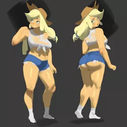 Size: 3240x3240 | Tagged: suggestive, artist:smewed, derpibooru import, applejack, equestria girls, adorasexy, applebutt, applejack's hat, ass, breasts, busty applejack, butt, clothes, cowboy hat, cute, daisy dukes, female, front knot midriff, hat, image, looking at you, looking back, looking back at you, looking sideways, midriff, open mouth, png, see-through, see-through shirt, sexy, shorts, sideboob, solo, the ass was fat, thick, thighs, wedgie