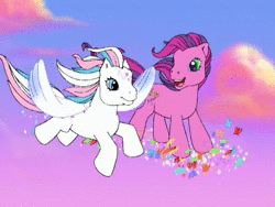 Size: 640x480 | Tagged: safe, derpibooru import, screencap, skywishes, star catcher, butterfly, earth pony, insect, pegasus, pony, dancing in the clouds, animated, female, flying, g3, image, lidded eyes, looking at each other, mare, smiling, talking, webm, wind, windswept mane
