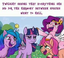 Size: 4096x3676 | Tagged: safe, artist:lilpinkghost, derpibooru import, izzy moonbow, pipp petals, sunny starscout, twilight sparkle, twilight sparkle (alicorn), alicorn, earth pony, pegasus, pony, unicorn, debate in the comments, g5, g5 collapse of equestria, horn, horn guard, horn impalement, hornball, image, izzy's tennis ball, jpeg, laughing, laughing wolves meme, ponified animal photo, surrounded by idiots, tennis ball, truth, twilight is not amused, unamused