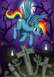 Size: 2480x3508 | Tagged: safe, derpibooru import, rainbow dash, pegasus, pony, cross, female, gravestone, halloween, halloween 2020, holiday, image, jpeg, moon, night, solo, stars, tree