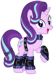 Size: 1500x2097 | Tagged: safe, artist:sketchmcreations, derpibooru import, starlight glimmer, pony, unicorn, belt, choker, edgelight glimmer, female, gameloft, gameloft interpretation, image, looking at you, mare, open mouth, png, simple background, smiling, studded bracelet, studded choker, tail band, transparent background, vector