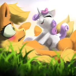Size: 1445x1445 | Tagged: safe, artist:imadeus, derpibooru import, applejack, sweetie belle, pony, blushing, cuddling, cute, diasweetes, eyes closed, gritted teeth, hape, hug, image, jpeg, lying down, misleading thumbnail, nervous, non-consensual cuddling, nostrils, on back, on top, personal space invasion, sitting on, sitting on person, sitting on pony, smiling
