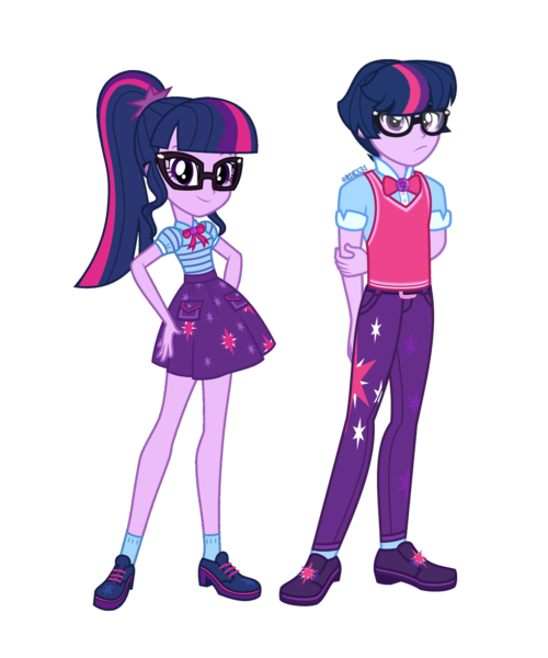 Size: 1316x1579 | Tagged: safe, artist:orin331, derpibooru import, edit, sci-twi, twilight sparkle, equestria girls, equestria girls series, clothes, cutie mark, cutie mark on clothes, dusk shine, equestria guys, female, geode of telekinesis, glasses, image, magical geodes, male, nerd, pants, png, ponytail, r63 paradox, rule 63, self-paradox, shoes, simple background, skirt, transparent background