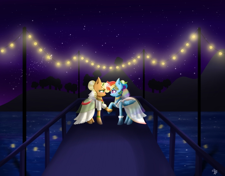 Size: 4096x3203 | Tagged: safe, artist:galaxy swirl, derpibooru import, applejack, rainbow dash, earth pony, pegasus, pony, appledash, clothes, dress, female, image, jpeg, lesbian, shipping, wedding dress