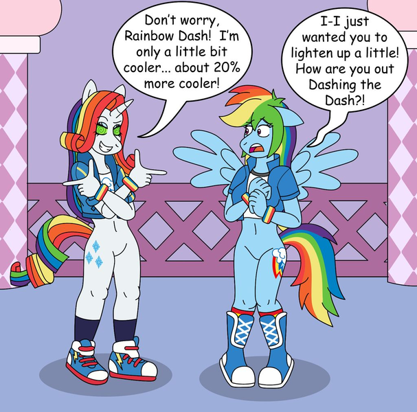 Size: 1024x1012 | Tagged: safe, artist:gameboysage, derpibooru import, rainbow dash, rarity, anthro, plantigrade anthro, equestria girls, 20% cooler, bottomless, clothes, converse, equestria girls outfit, featureless crotch, finger gun, grammar error, grin, hypnosis, hypnotized, image, multicolored hair, partial nudity, personality change, png, rainbow hair, shoes, smiling, swirly eyes, tomboy