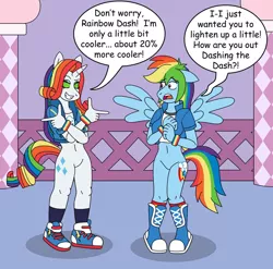 Size: 1024x1012 | Tagged: safe, artist:gameboysage, derpibooru import, rainbow dash, rarity, anthro, plantigrade anthro, equestria girls, 20% cooler, bottomless, clothes, converse, equestria girls outfit, featureless crotch, finger gun, grammar error, grin, hypnosis, hypnotized, image, multicolored hair, partial nudity, personality change, png, rainbow hair, shoes, smiling, swirly eyes, tomboy