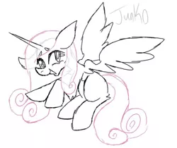 Size: 1125x945 | Tagged: safe, artist:junko, derpibooru import, princess cadance, alicorn, pony, art, cute, digital art, doodle, female, floppy ears, flying, image, jpeg, mare, missing cutie mark, signature, simple background, sketch, smiling, solo, spread wings, white background, wings