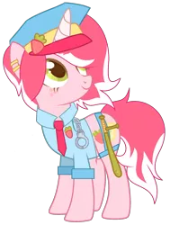 Size: 1895x2506 | Tagged: safe, artist:lazuli0209, artist:rukemon, derpibooru import, oc, oc:officer sweet strawberry, unofficial characters only, pony, unicorn, badge, base used, baton, clothes, commission, cuffs, ear piercing, earring, eyeshadow, female, food, freckles, hat, image, jewelry, makeup, mare, markings, necktie, piercing, png, police, police hat, police officer, police uniform, sbelt, shirt, simple background, solo, strawberry, transparent background