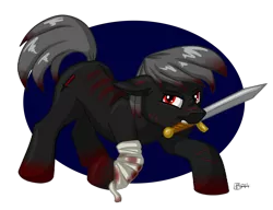 Size: 3122x2398 | Tagged: semi-grimdark, artist:olificus, derpibooru import, oc, oc:blood stain, unofficial characters only, earth pony, pony, angry, bandage, bandaged leg, blood, commission, cut, earth pony oc, edgy, high res, image, injured, male, mouth hold, original art, original character do not steal, png, scratches, simple background, solo, stallion, sword, transparent background, weapon