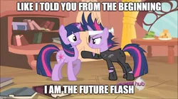 Size: 888x499 | Tagged: safe, derpibooru import, screencap, twilight sparkle, it's about time, bandana, book, caption, eyepatch, flash, future twilight, golden oaks library, hub logo, image, image macro, jpeg, library, savitar, text