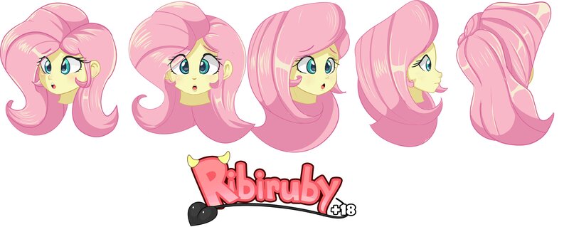 Size: 4096x1634 | Tagged: safe, artist:ribiruby, derpibooru import, fluttershy, equestria girls, :o, behind, context in description, female, head only, image, jpeg, looking at you, open mouth, side view, simple background, solo, watermark, white background