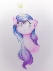 Size: 2676x3568 | Tagged: safe, artist:papersurgery, derpibooru import, izzy moonbow, pony, unicorn, g5, horn, horn guard, horn impalement, hornball, image, izzy's tennis ball, jpeg, solo, tennis ball, traditional art