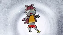 Size: 812x458 | Tagged: safe, derpibooru import, apple bloom, human, bandage, bow, clothes, crying, falling, hair bow, humanized, image, one eye, one eye covered, pants, png, reaching out, robble bloom, screaming, shirt, shoes, static, void