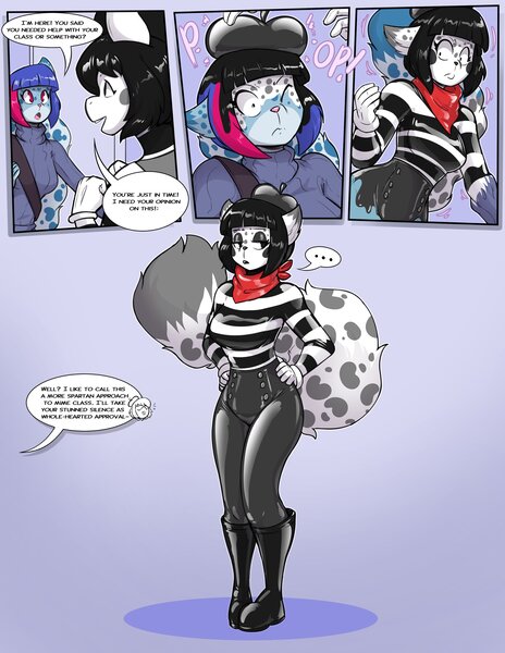 Size: 2550x3300 | Tagged: safe, artist:helixjack, derpibooru import, oc, oc:isabelle incraft, oc:izzy, oc:mew, anthro, ..., beret, black hair, clothes, dialogue, feline, female, furry, hair, hat, high res, image, jpeg, mime, neckerchief, non-pony oc, sweater, text, transformation, turtleneck