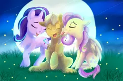 Size: 3481x2300 | Tagged: safe, artist:ryla, derpibooru import, fluttershy, starlight glimmer, oc, oc:sunlight bolt, pegasus, pony, unicorn, canon x oc, female, glimmbolt, image, licking, love, male, mare, moon, night, png, shipping, stallion, tongue out