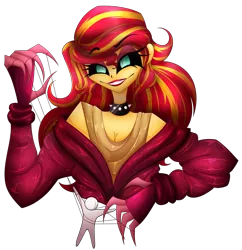 Size: 2659x2748 | Tagged: safe, artist:mywasasi, derpibooru import, sunset shimmer, equestria girls, black sclera, breasts, choker, claws, cleavage, clothes, coat, eyeshadow, grin, image, inverted eyes, lipstick, makeup, paper doll, png, simple background, smiling, solo, string, strings, sunset satan, transparent background