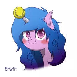 Size: 1600x1600 | Tagged: safe, artist:livehotsun, derpibooru import, izzy moonbow, pony, unicorn, blushing, bust, cute, ear fluff, female, g5, horn, horn guard, horn impalement, hornball, image, izzy's tennis ball, looking at you, mare, png, portrait, signature, simple background, smiling, solo, tennis ball, white background