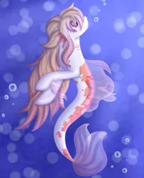 Size: 1024x1261 | Tagged: safe, artist:fallsplash, derpibooru import, oc, unofficial characters only, hybrid, merpony, seapony (g4), bubble, clothes, crepuscular rays, digital art, dorsal fin, fins, fish tail, flowing mane, flowing tail, image, jpeg, long mane, looking up, ocean, red eyes, see-through, smiling, solo, sunlight, swimming, tail, underwater, water