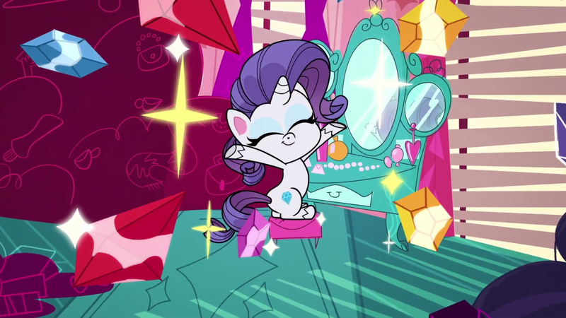 Size: 1280x720 | Tagged: safe, derpibooru import, screencap, rarity, pony, unicorn, my little pony: pony life, cute, eyes closed, gaze upon my gems, gem, image, intro, mirror, png, raribetes, rarity's house, smiling, theme song