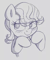 Size: 378x453 | Tagged: safe, artist:heretichesh, derpibooru import, oc, oc:lyrabop, earth pony, pony, blushing, cute, image, monochrome, png, smiling, solo