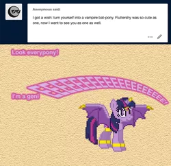 Size: 504x487 | Tagged: safe, artist:verve, derpibooru import, twilight sparkle, twilight sparkle (alicorn), alicorn, bat pony, bat pony alicorn, genie, pony, ask genie twilight, ask, bat ponified, bat wings, eeee, female, horn, image, mare, png, race swap, solo, species swap, twibat, wings