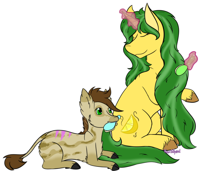 Size: 1931x1576 | Tagged: safe, artist:kina eclipsed, derpibooru import, oc, oc:lemon breeze, oc:shenandoah, unofficial characters only, pony, unicorn, brush, duo, female, hairbrush, image, magic, png, simple background, transparent background, unshorn fetlocks