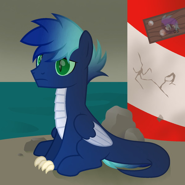 Size: 1600x1600 | Tagged: safe, artist:ponkus, derpibooru import, oc, oc:maelstrom, hybrid, pegasus, pony, fallout equestria, dragon hybrid, gradient mane, image, lighthouse, male, ocean, png, pony dragon hybrid, rock, solo, stallion, two toned wings, wings