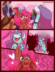 Size: 1024x1326 | Tagged: safe, artist:spookierdeer, derpibooru import, applejack, fluttershy, pinkie pie, rainbow dash, rarity, twilight sparkle, earth pony, pegasus, pony, unicorn, alternate design, comic, embarrassed, fangs, female, flutterpie, heart, image, jpeg, laughing, lesbian, mane six, mare, shipping