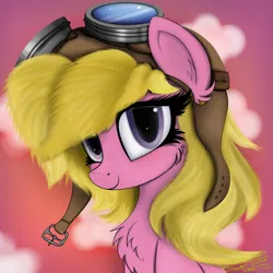 Size: 4000x4000 | Tagged: safe, artist:ser-p, derpibooru import, cherry berry, earth pony, pony, absurd resolution, aviator goggles, aviator hat, background pony, bust, cheek fluff, cherrybetes, chest fluff, cute, ear fluff, female, fluffy, goggles, hat, image, looking at you, mare, png, portrait, sky, smiling, smiling at you, solo, sweet dreams fuel
