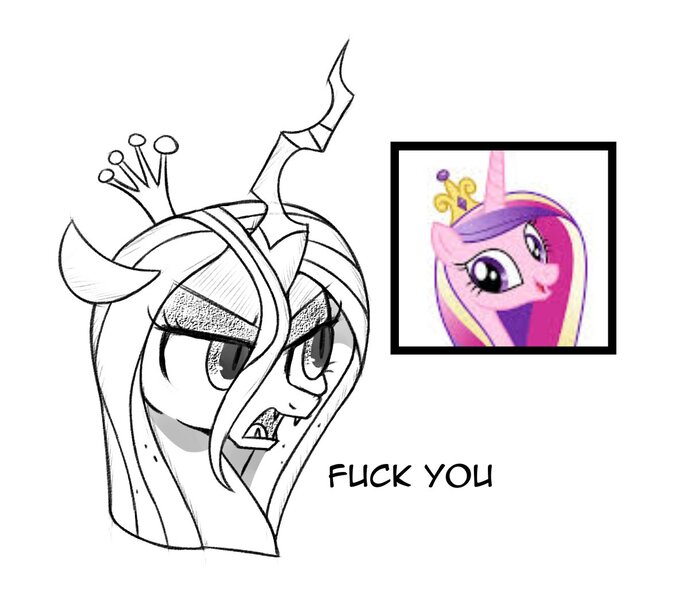 Size: 1197x1045 | Tagged: safe, artist:handgunboi, derpibooru import, princess cadance, queen chrysalis, alicorn, changeling, changeling queen, pony, bust, female, image, jpeg, open mouth, simple background, vulgar, white background