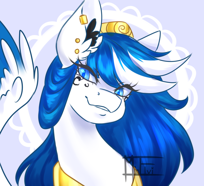 Size: 1665x1515 | Tagged: safe, artist:minelvi, derpibooru import, oc, unofficial characters only, pegasus, pony, bust, ear fluff, ear piercing, earring, eyelashes, image, jewelry, pegasus oc, peytral, piercing, png, signature, smiling, solo, wings