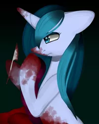 Size: 1080x1350 | Tagged: semi-grimdark, artist:tessa_key_, derpibooru import, oc, unofficial characters only, pony, unicorn, blood, bust, green background, hoof hold, horn, image, jpeg, scalpel, simple background, solo, thinking, unicorn oc