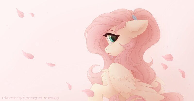 Size: 3000x1560 | Tagged: safe, artist:vird-gi, artist:whiteliar, derpibooru import, fluttershy, pegasus, pony, chest fluff, collaboration, crying, cute, female, floppy ears, flower petals, folded wings, hair tie, image, jpeg, looking at you, mare, open mouth, profile, raised hoof, sad, sadorable, shyabetes, side view, solo, teary eyes, wings