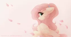 Size: 3000x1560 | Tagged: safe, artist:vird-gi, artist:whiteliar, derpibooru import, fluttershy, pegasus, pony, chest fluff, collaboration, crying, cute, female, floppy ears, flower petals, folded wings, hair tie, image, jpeg, looking at you, mare, open mouth, profile, raised hoof, sad, sadorable, shyabetes, side view, solo, teary eyes, wings