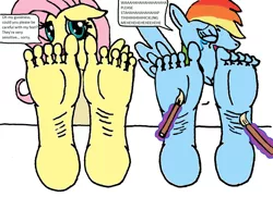 Size: 2168x1568 | Tagged: safe, artist:alexianbc, derpibooru import, fluttershy, rainbow dash, anthro, pegasus, plantigrade anthro, barefoot, brush, crying, eyes closed, feet, fetish, foot fetish, image, jpeg, laughing, levitation, magic, soles, tears of laughter, telekinesis, tickle fetish, tickle torture, tickling, toes