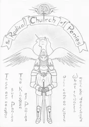 Size: 716x1024 | Tagged: safe, artist:kody wiremane, derpibooru import, alicorn, human, alternate universe, armor, black and white, concept, crepuscular rays, cuirass, duo, emblem, essay in description, eyes closed, faceless human, gauntlet, goddess, grayscale, greaves, headcanon, heart shaped, helmet, heraldic ribbon, hoof on shoulder, hoof shoes, horn, human world, image, jpeg, knight, light rays, lore in description, mane, monochrome, pauldron, pencil drawing, plate armor, plume, religion, religious headcanon, smiling, sword, text, text in description, the radical church of ponies, traditional art, weapon, wings