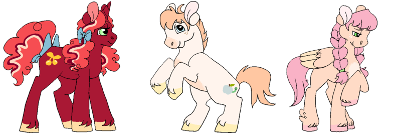 Size: 1500x500 | Tagged: safe, artist:rattastics, derpibooru import, oc, oc:bright cherry, oc:doodlebug, oc:ladybird, unofficial characters only, earth pony, pegasus, pony, unicorn, female, freckles, half-siblings, image, male, mare, offspring, parent:big macintosh, parent:fluttershy, parent:sugar belle, parents:fluttermac, parents:sugarmac, png, rearing, siblings, simple background, stallion, transparent background, unshorn fetlocks