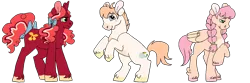 Size: 1500x500 | Tagged: safe, artist:rattastics, derpibooru import, oc, oc:bright cherry, oc:doodlebug, oc:ladybird, unofficial characters only, earth pony, pegasus, pony, unicorn, female, freckles, half-siblings, image, male, mare, offspring, parent:big macintosh, parent:fluttershy, parent:sugar belle, parents:fluttermac, parents:sugarmac, png, rearing, siblings, simple background, stallion, transparent background, unshorn fetlocks