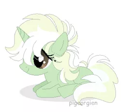 Size: 305x282 | Tagged: safe, artist:pigeorgien, artist:selenaede, derpibooru import, oc, oc:trefoil clover, unofficial characters only, pony, unicorn, base used, cute, cuteness overload, female, filly, foal, image, lying, pigeorgien is trying to murder us, png, simple background, solo, younger