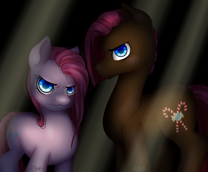 Size: 1938x1600 | Tagged: safe, artist:grace-likes-cake, derpibooru import, pinkie pie, oc, oc:gumdrop, earth pony, pony, crepuscular rays, dramatic lighting, duo, female, image, like mother like son, like parent like child, looking at you, male, mother and child, mother and son, offspring, parent:cheese sandwich, parent:pinkie pie, parents:cheesepie, pinkamena diane pie, png, stallion