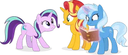 Size: 7586x3271 | Tagged: safe, artist:pumpkinpieforlife, derpibooru import, starlight glimmer, sunset shimmer, trixie, pony, unicorn, absurd resolution, book, image, magic, magical trio, palette swap, png, recolor, simple background, transparent background