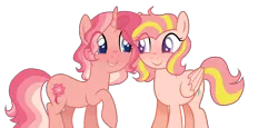 Size: 2000x920 | Tagged: safe, artist:gallantserver, derpibooru import, oc, oc:peaches, oc:zemnya, unofficial characters only, pegasus, pony, unicorn, female, image, magical lesbian spawn, mare, offspring, parent:fluttershy, parent:sunset shimmer, parents:sunshyne, png, simple background, transparent background