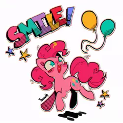 Size: 950x950 | Tagged: safe, artist:yanana_ua, derpibooru import, pinkie pie, earth pony, pony, balloon, blush sticker, blushing, cute, diapinkes, female, grainy, image, jpeg, mare, open mouth, simple background, smiling, solo, starry eyes, stars, white background, wingding eyes