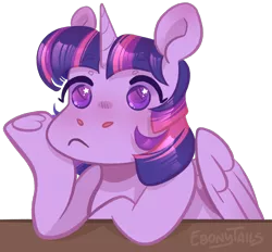 Size: 1636x1520 | Tagged: safe, artist:ebonytails, derpibooru import, twilight sparkle, twilight sparkle (alicorn), alicorn, pony, cute, female, hoof on cheek, image, mare, no pupils, png, simple background, sitting, solo, starry eyes, table, transparent background, twiabetes, wingding eyes