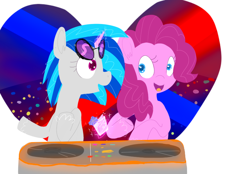 Size: 800x600 | Tagged: safe, artist:blynxee, derpibooru import, pinkie pie, vinyl scratch, earth pony, pony, unicorn, drink, female, glowing horn, horn, image, lesbian, mare, png, shipping, simple background, transparent background, turntable, vinylpie