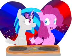Size: 800x600 | Tagged: safe, artist:blynxee, derpibooru import, pinkie pie, vinyl scratch, earth pony, pony, unicorn, drink, female, glowing horn, horn, image, lesbian, mare, png, shipping, simple background, transparent background, turntable, vinylpie