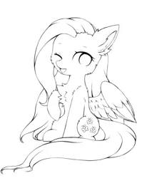 Size: 1235x1554 | Tagged: safe, artist:aleuoliver, derpibooru import, fluttershy, pegasus, pony, chest fluff, cute, daaaaaaaaaaaw, ear fluff, fluffy, image, jpeg, looking at you, monochrome, one eye closed, raised hoof, shyabetes, sitting, smiling, solo, wings, wink