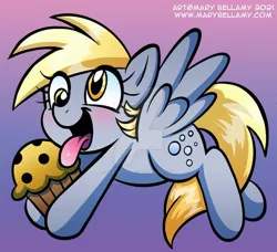 Size: 600x548 | Tagged: safe, artist:marybellamy, derpibooru import, derpy hooves, ditzy doo, blushing, cute, derpabetes, deviantart watermark, food, image, jpeg, muffin, obtrusive watermark, open mouth, solo, that pony sure does love muffins, tongue out, watermark, zorilita